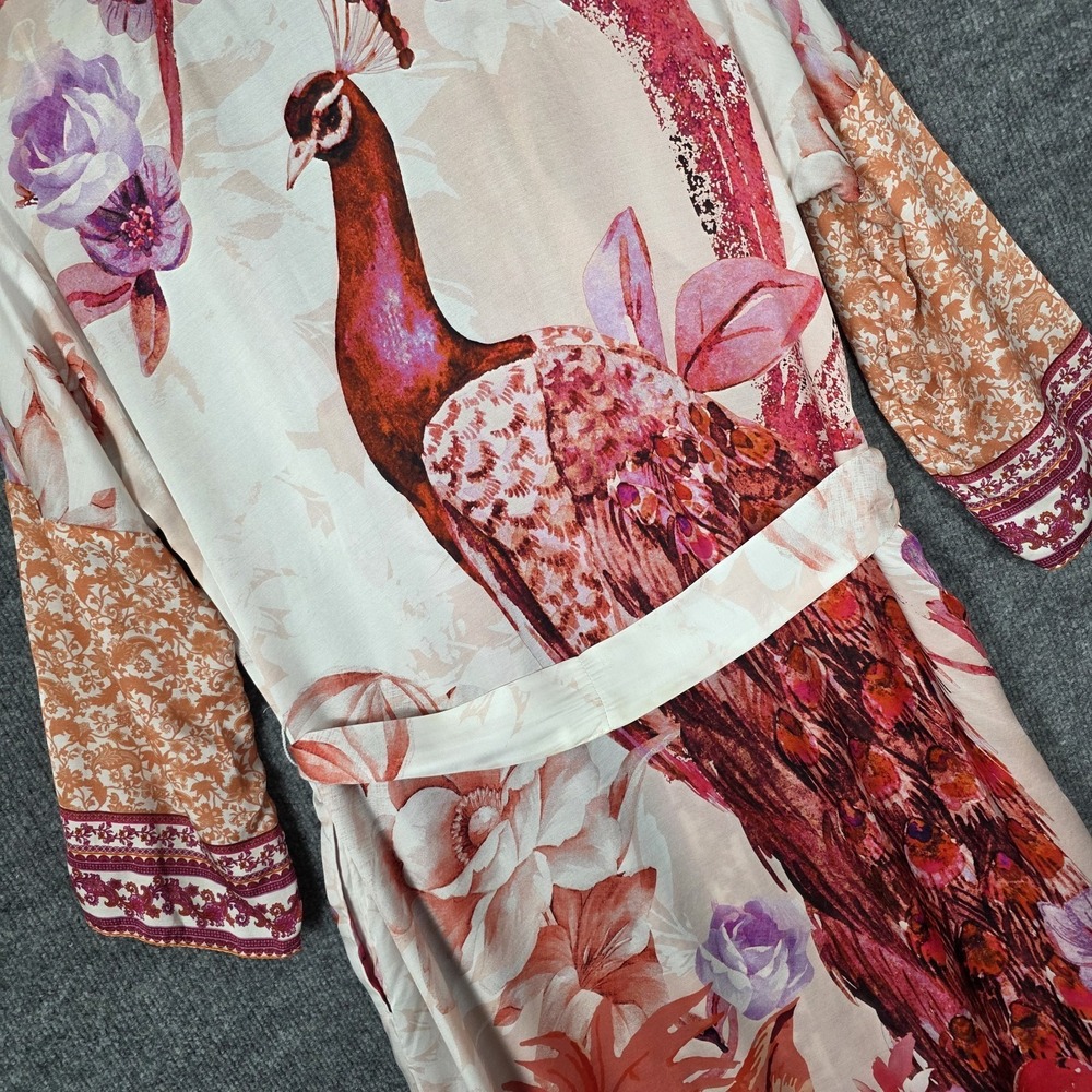 SOMA Silk Blend Kimono Robe Peacock Luxury Lounge Duster Maxi Floral Ivory Red - Picture 9 of 12